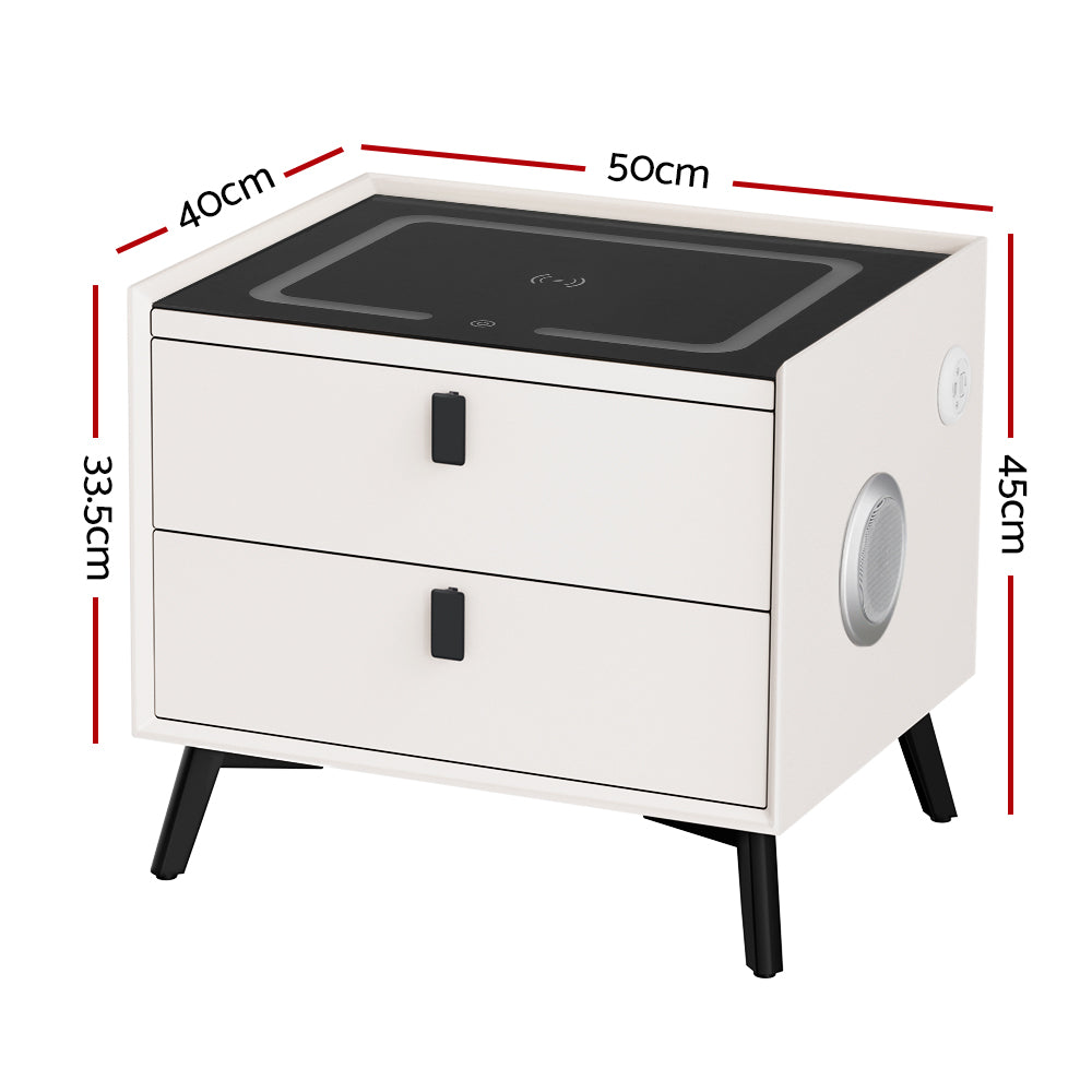 Aika LED Smart Bedside Table 2 Drawers with Wireless Charging Ports - White