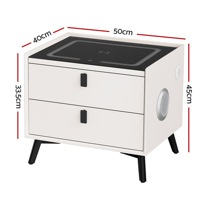 Aika LED Smart Bedside Table 2 Drawers with Wireless Charging Ports - White