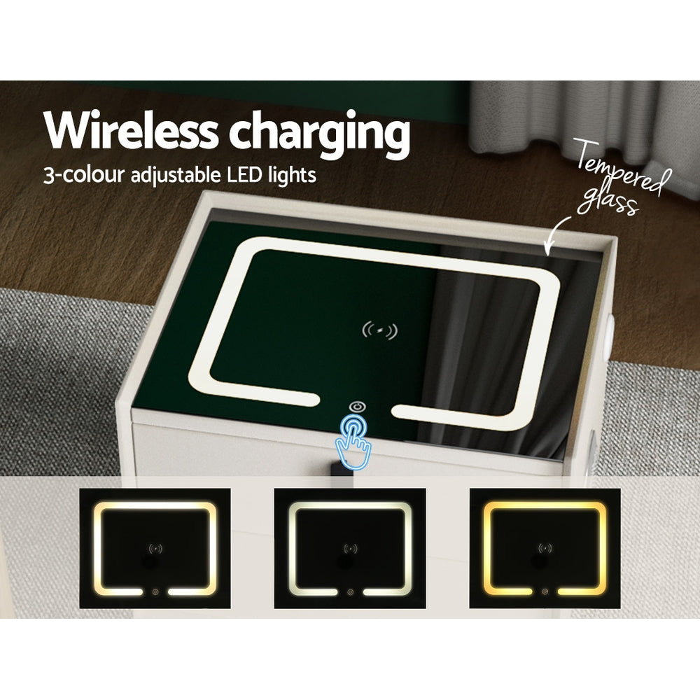Aika LED Smart Bedside Table 2 Drawers with Wireless Charging Ports - White