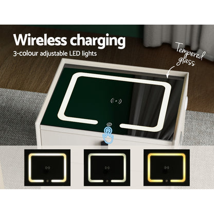 Aika LED Smart Bedside Table 2 Drawers with Wireless Charging Ports - White