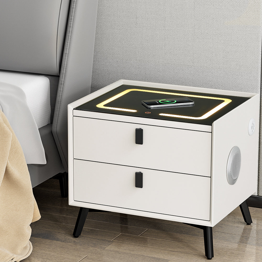 Aika LED Smart Bedside Table 2 Drawers with Wireless Charging Ports - White