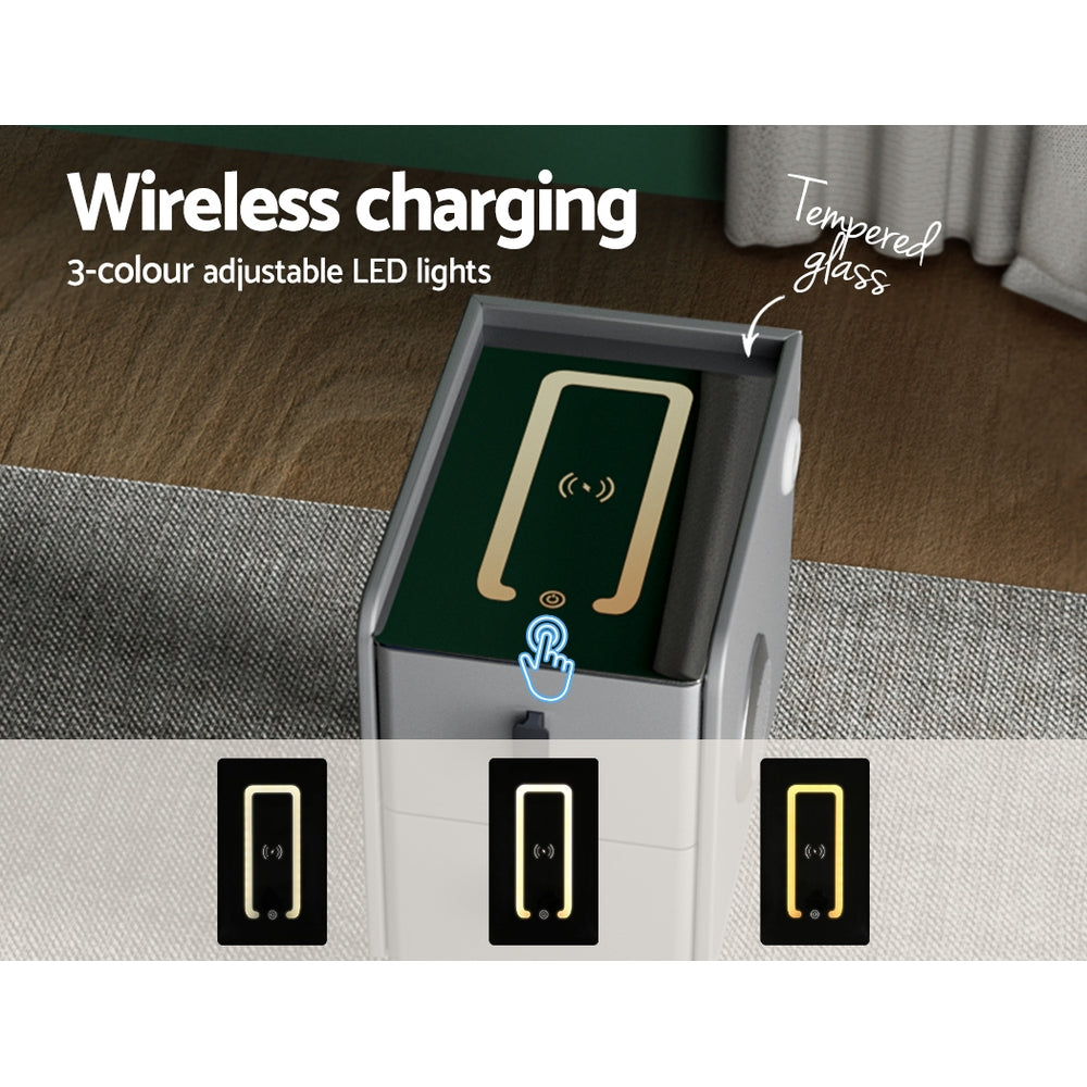 Aida LED Smart Bedside Table 2 Drawers with Wireless Charging Ports - Grey