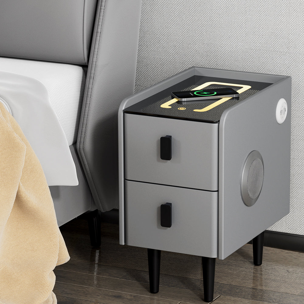Aida LED Smart Bedside Table 2 Drawers with Wireless Charging Ports - Grey