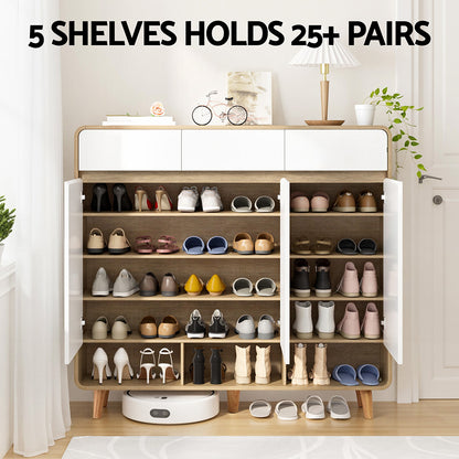 Shoe Rack Cabinet 25 Pairs Storage Cupboard - Pine & White