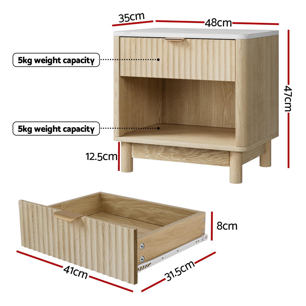 Bedside Table Nightstand 1 Drawer Shelves - Pine