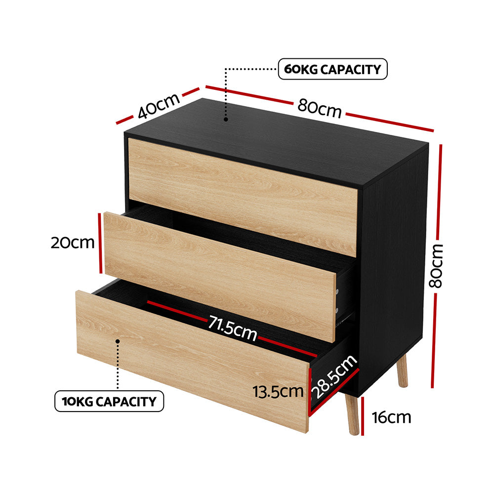 3 Chest of Drawers Dresser Table - Black & Pine