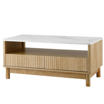 Marble Effect Coffee Table Drawer Shelf Wood & White