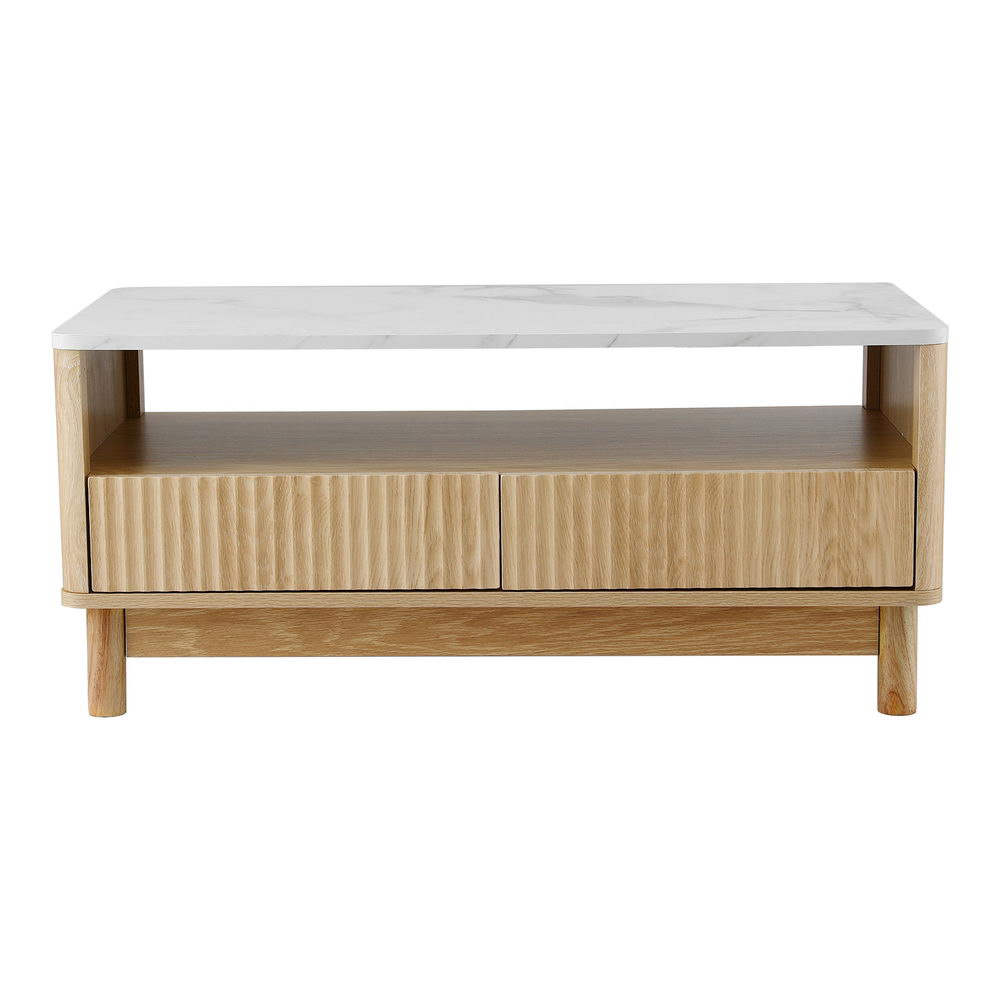 Marble Effect Coffee Table Drawer Shelf Wood & White