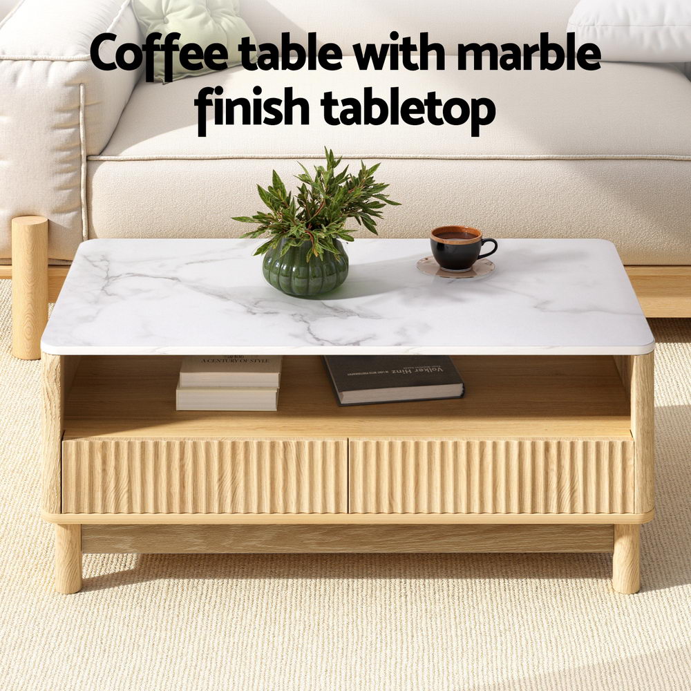 Marble Effect Coffee Table Drawer Shelf Wood & White