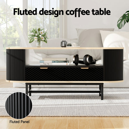Fluted Coffee Table Drawer Shelf Wood & Black