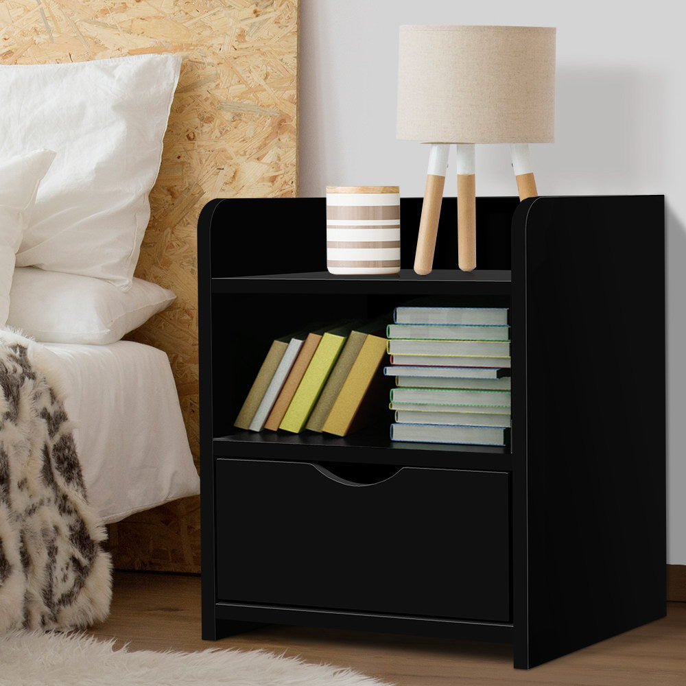 Fara Bedside Table 1 Drawer with Shelf - Black
