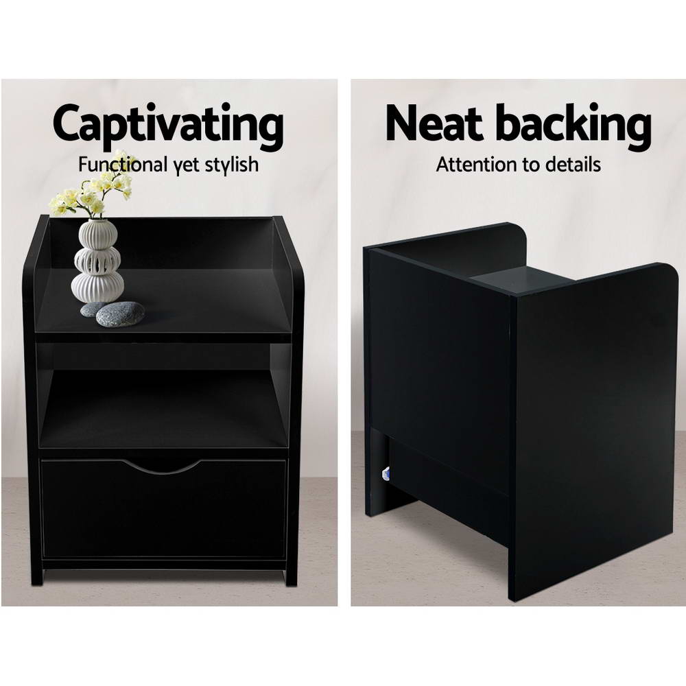 Fara Bedside Table 1 Drawer with Shelf - Black