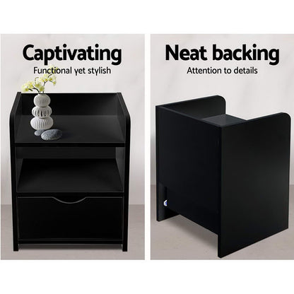 Set of 2 Fara Bedside Table 1 Drawer with Shelf - Black