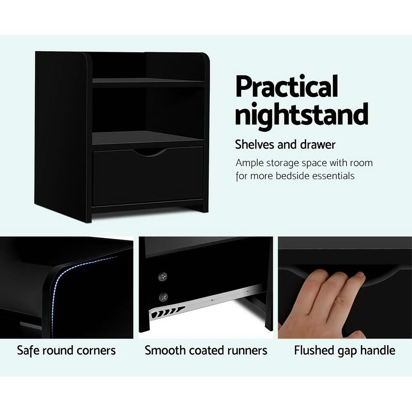 Set of 2 Fara Bedside Table 1 Drawer with Shelf - Black