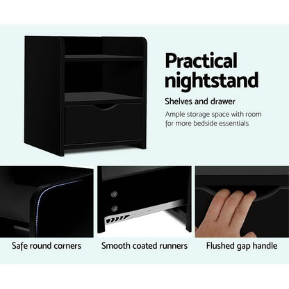 Set of 2 Fara Bedside Table 1 Drawer with Shelf - Black
