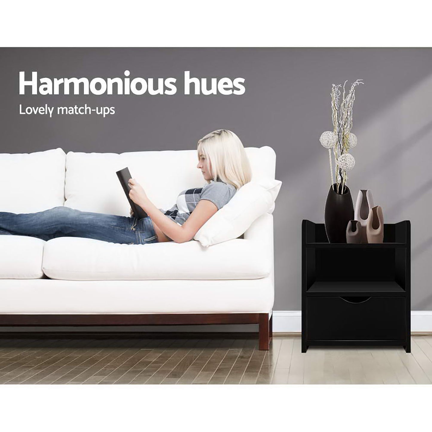 Set of 2 Fara Bedside Table 1 Drawer with Shelf - Black