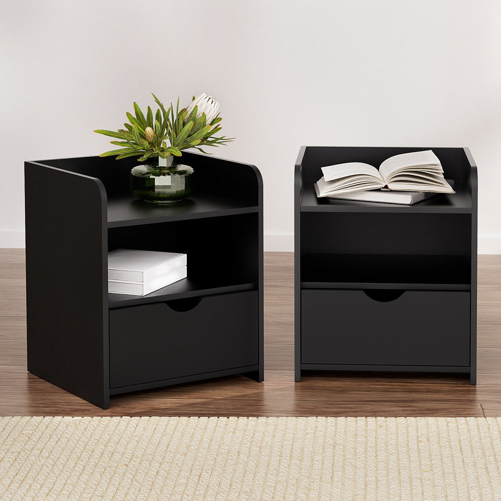 Set of 2 Fara Bedside Table 1 Drawer with Shelf - Black
