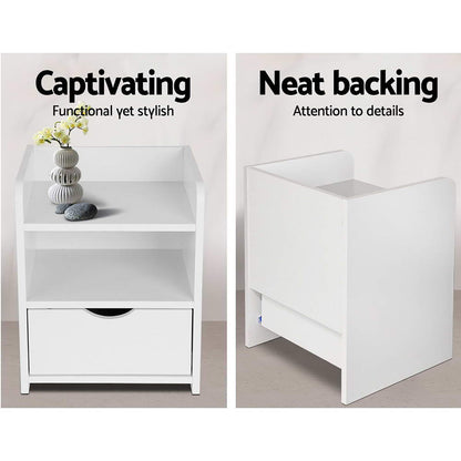 Set of 2 Fara Bedside Table 1 Drawer with Shelf - White