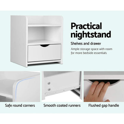 Set of 2 Fara Bedside Table 1 Drawer with Shelf - White