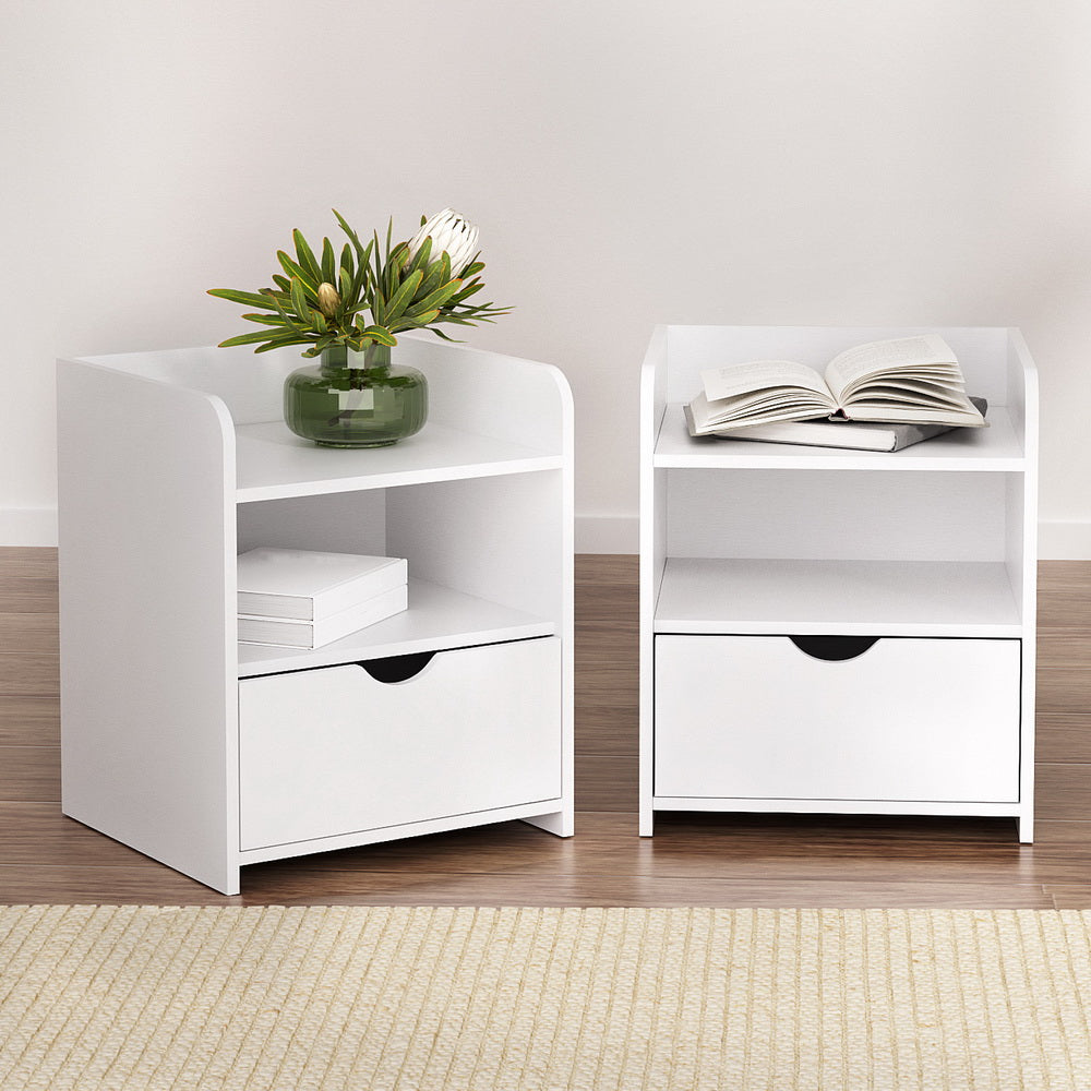 Set of 2 Fara Bedside Table 1 Drawer with Shelf - White