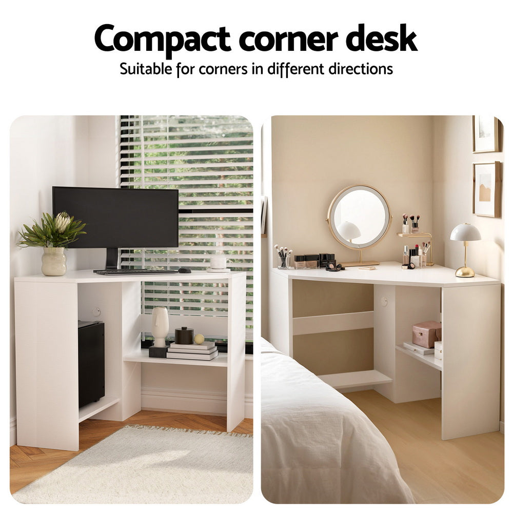 Corner Computer Desk Shelves Stand L-shape - White