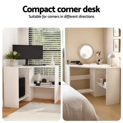 Corner Computer Desk Shelves Stand L-shape - White