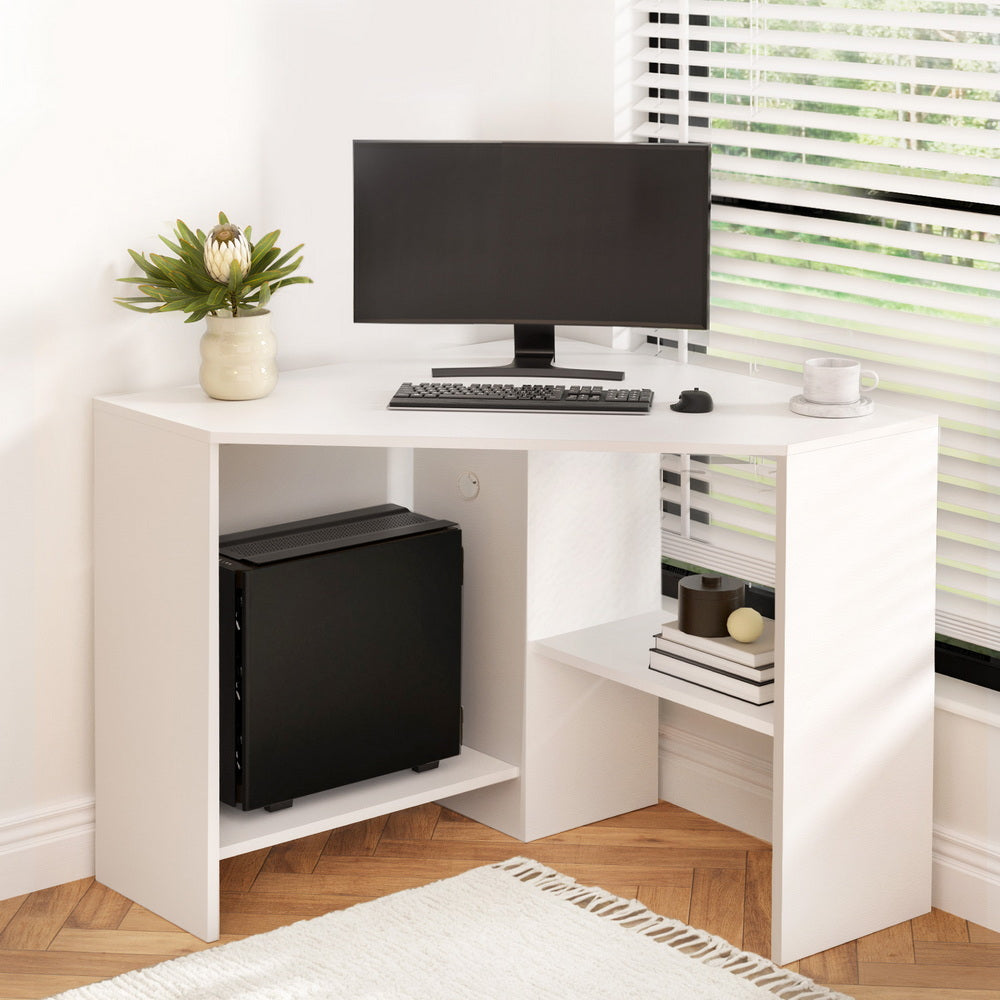 Corner Computer Desk Shelves Stand L-shape - White