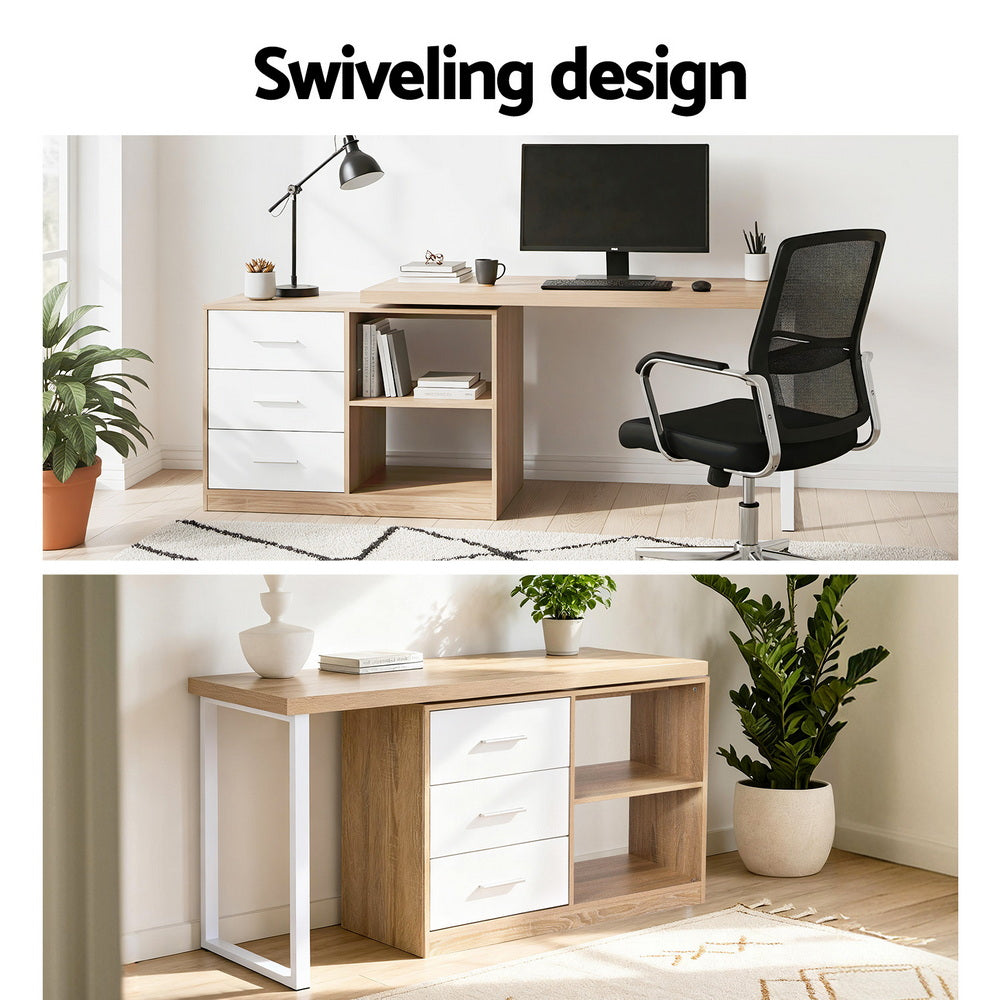 Computer Desk Swivelling L shape Storage Cabinet - Oak