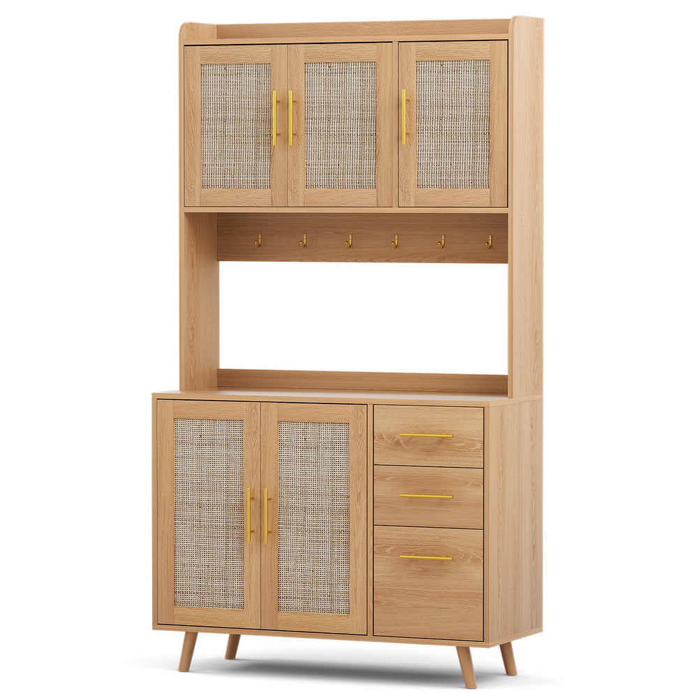 Rattan Pine Buffet Sideboard Hutch Storage Cabinet