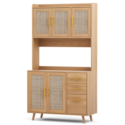 Rattan Pine Buffet Sideboard Hutch Storage Cabinet