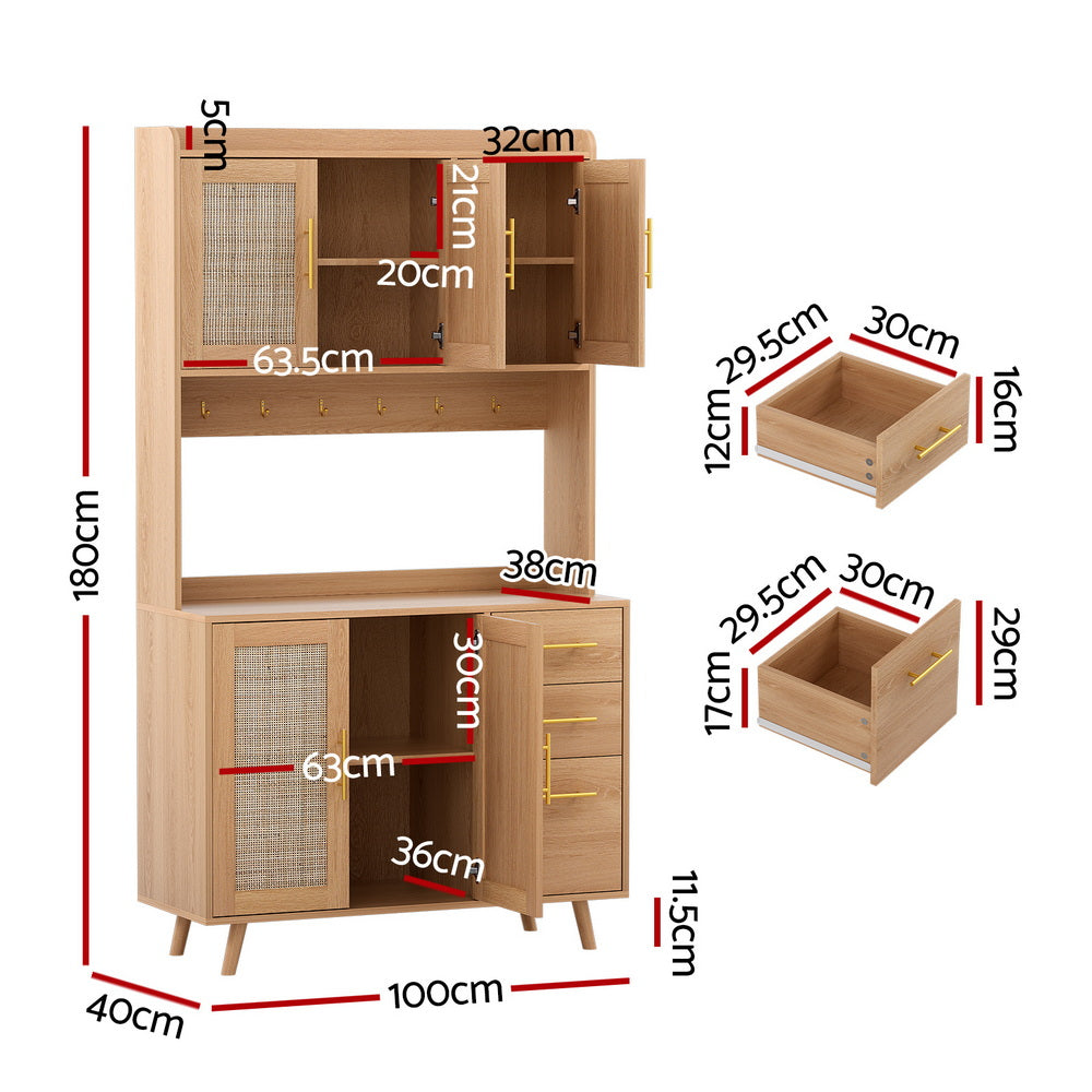 Rattan Pine Buffet Sideboard Hutch Storage Cabinet