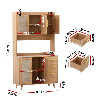 Rattan Pine Buffet Sideboard Hutch Storage Cabinet