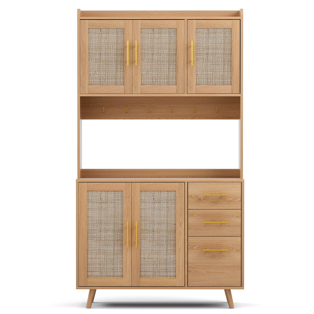 Rattan Pine Buffet Sideboard Hutch Storage Cabinet