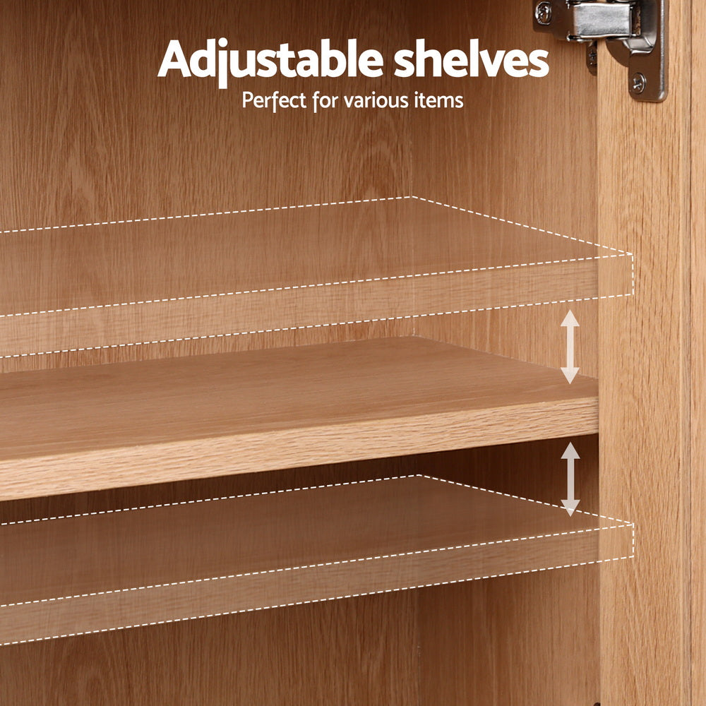 Rattan Pine Buffet Sideboard Hutch Storage Cabinet