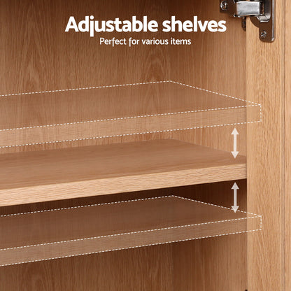 Rattan Pine Buffet Sideboard Hutch Storage Cabinet