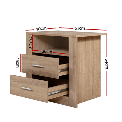 Set of 2 Tara Bedside Table 2 Drawers with Shelf - Oak