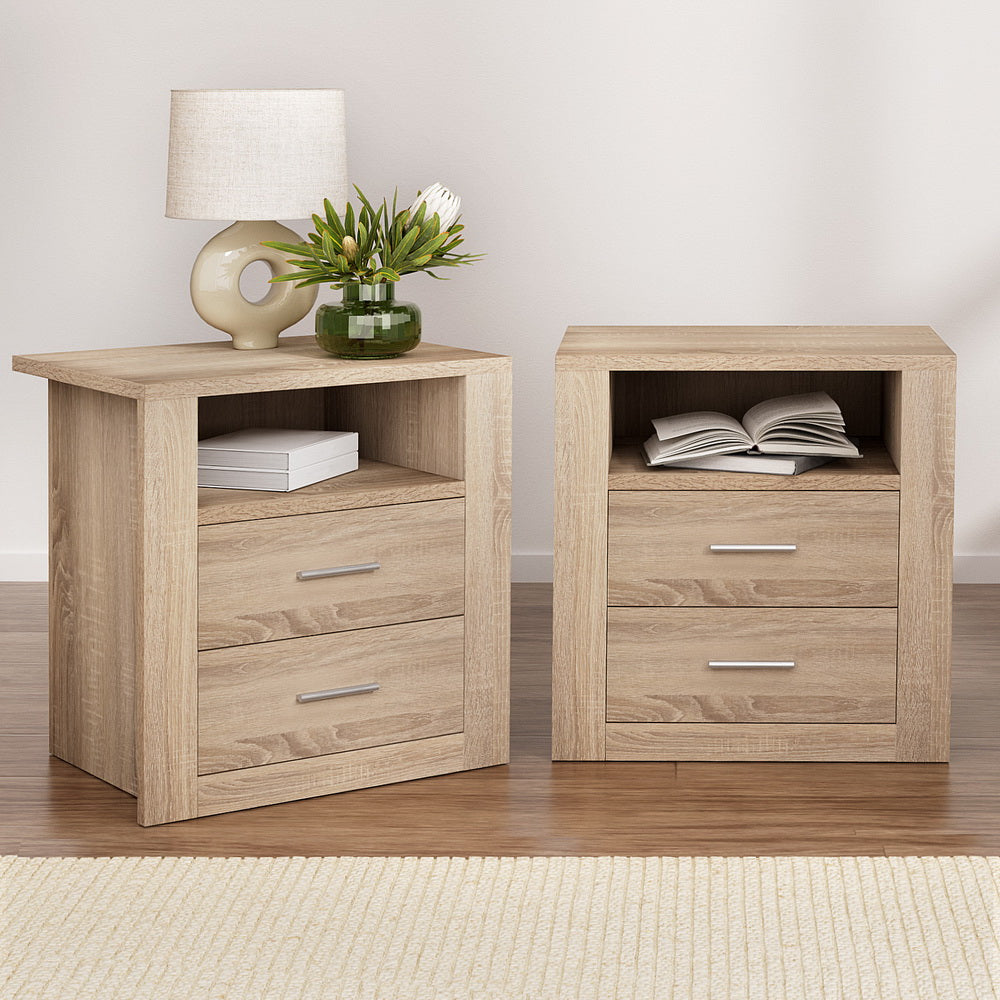 Set of 2 Tara Bedside Table 2 Drawers with Shelf - Oak