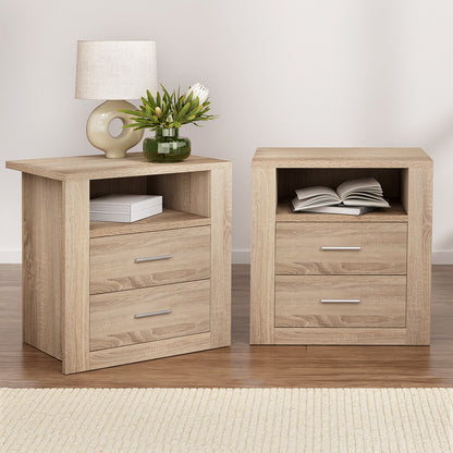 Set of 2 Tara Bedside Table 2 Drawers with Shelf - Oak