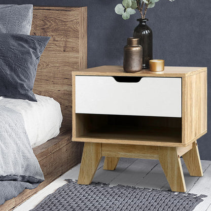 Iker Bedside Table Drawer with Shelf - White & Oak