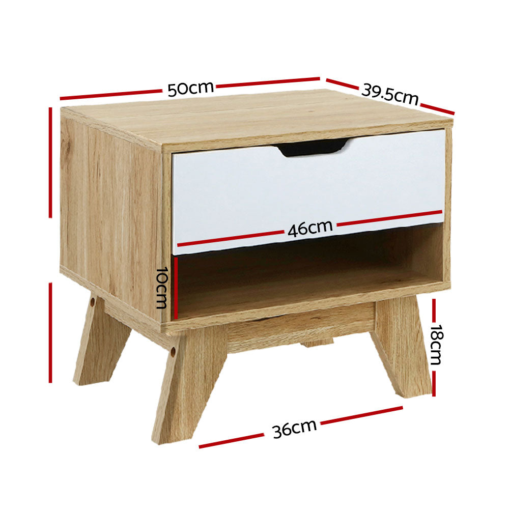 Iker Bedside Table Drawer with Shelf - White & Oak