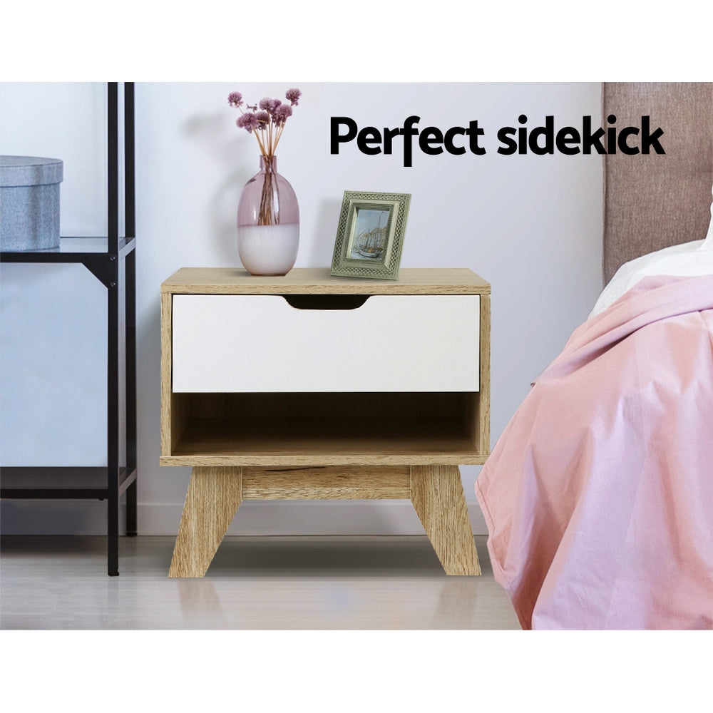 Iker Bedside Table Drawer with Shelf - White & Oak