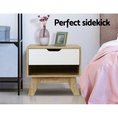 Iker Bedside Table Drawer with Shelf - White & Oak