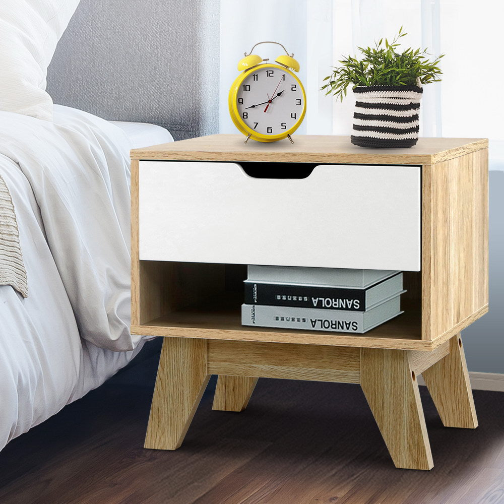 Iker Bedside Table Drawer with Shelf - White & Oak