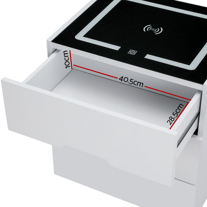Adad LED Smart Bedside Table 3 Drawers with Wireless Charging Ports - White