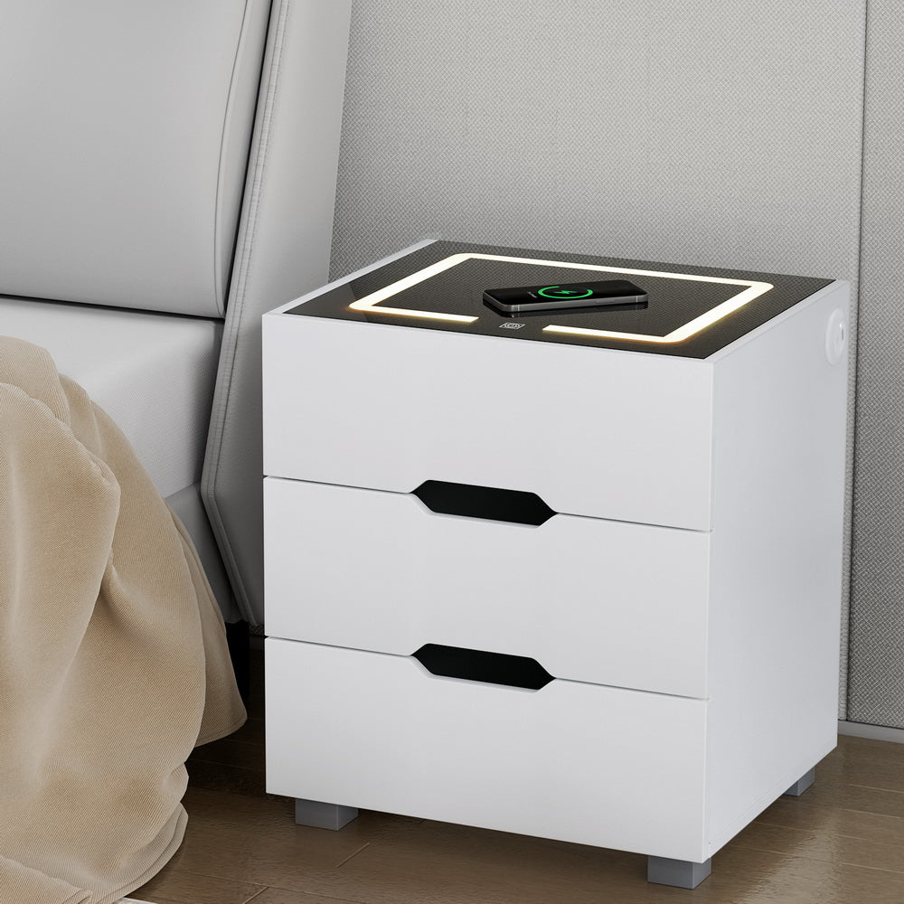 Adad LED Smart Bedside Table 3 Drawers with Wireless Charging Ports - White