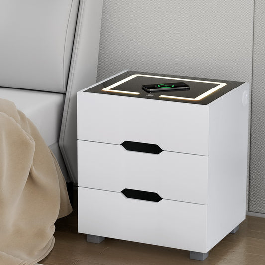 Adad LED Smart Bedside Table 3 Drawers with Wireless Charging Ports - White