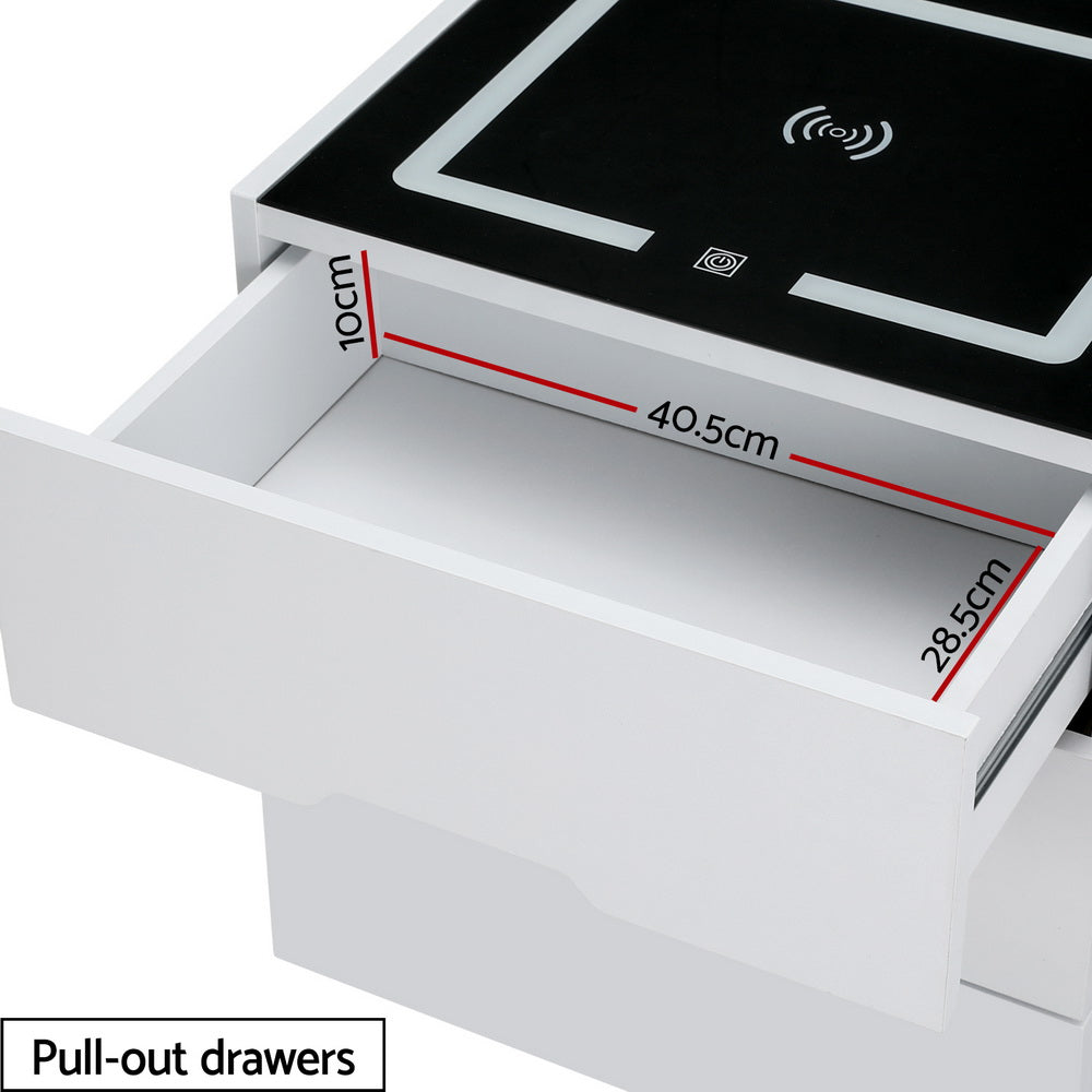 Adad LED Smart Bedside Table 3 Drawers with Wireless Charging Ports - White