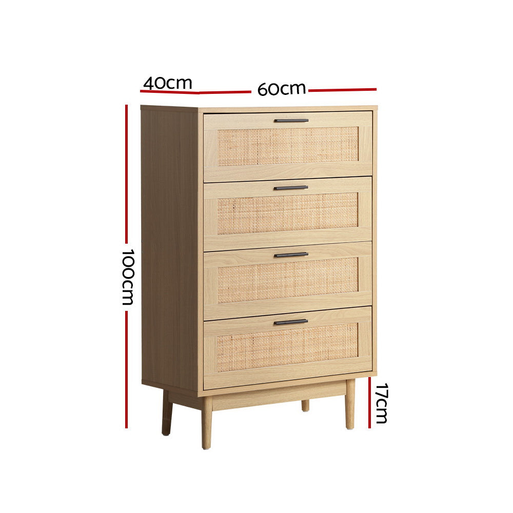 Briony Artiss 4 Chest of Drawers Rattan Tallboy - Pine
