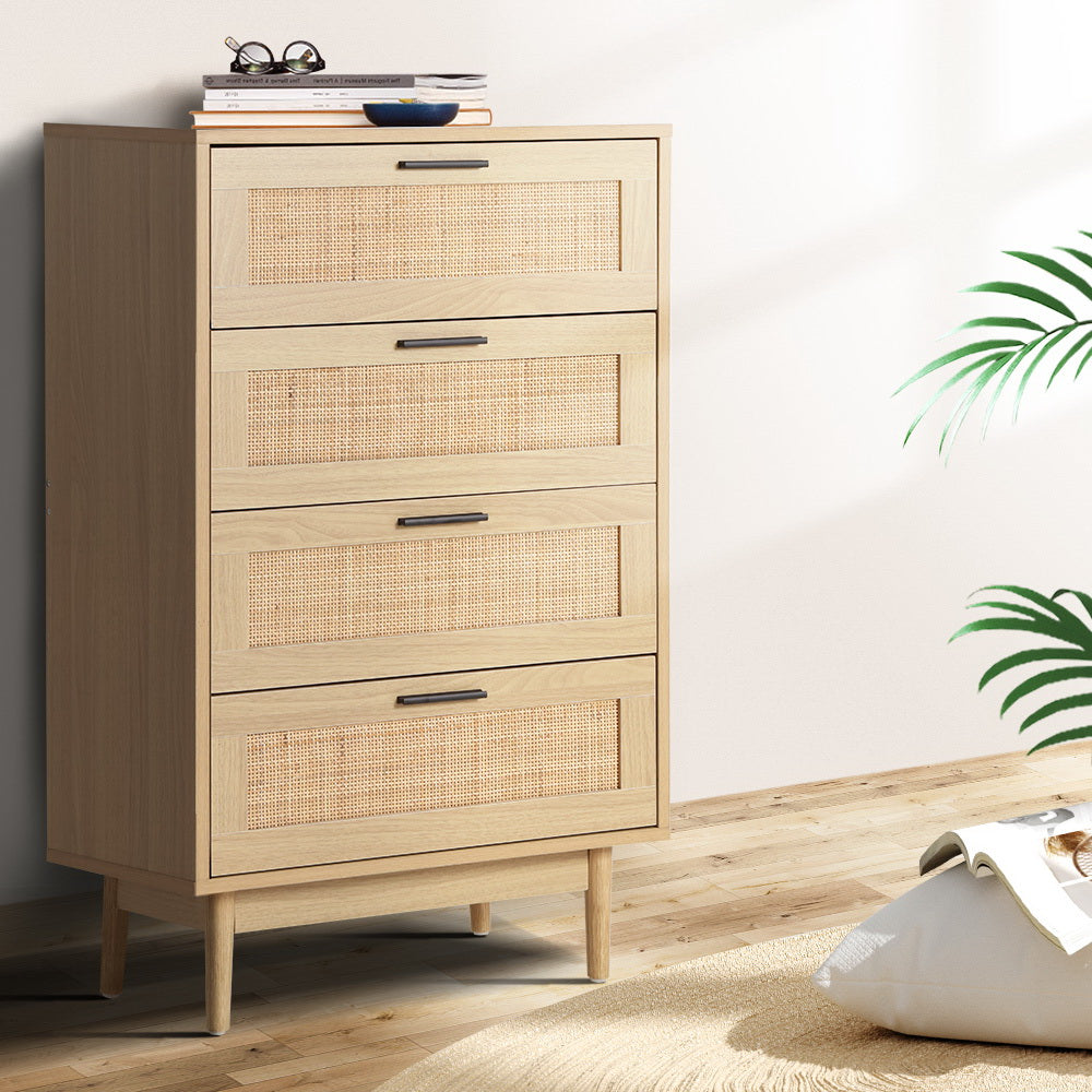 Briony Artiss 4 Chest of Drawers Rattan Tallboy - Pine