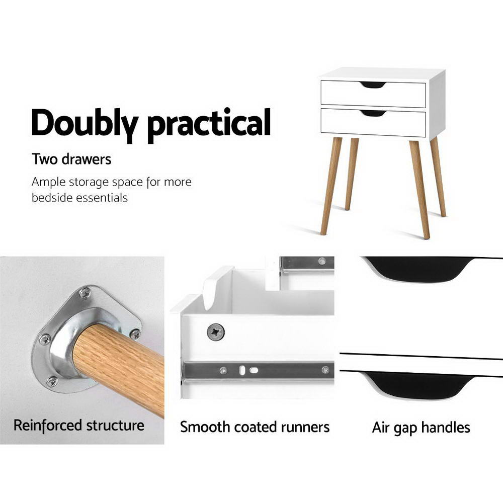 Bodie Bedside Table 2 Drawers - White